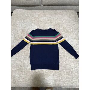 J Crew Navy Blue Rainbow Striped Button Sweater 100% Merino Wool Small S